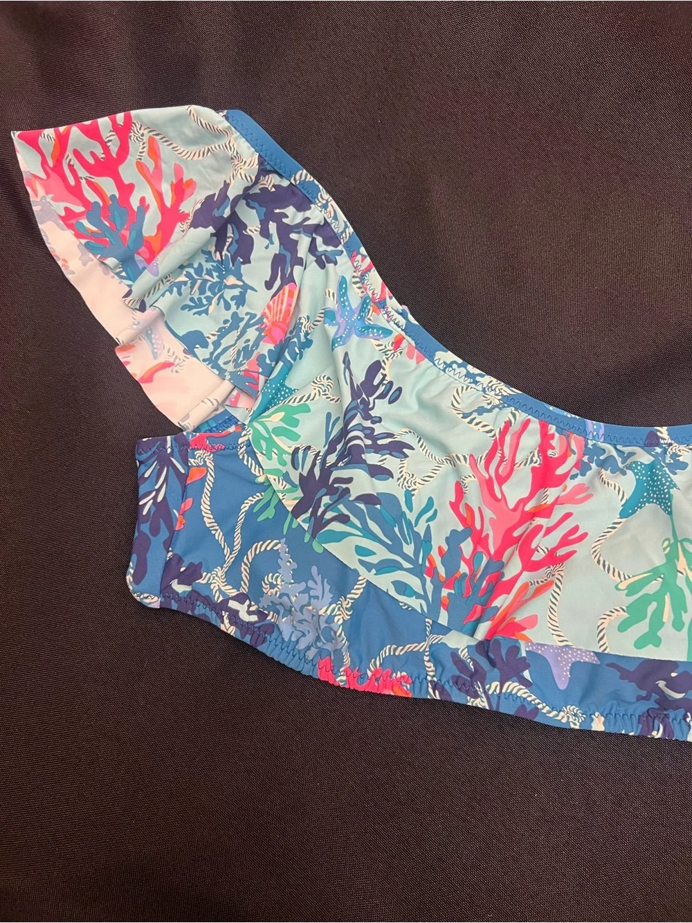 Vera Bradley NWT Women’s Blue Aqua Coral-Print Ruffle Bikini Top 8 10